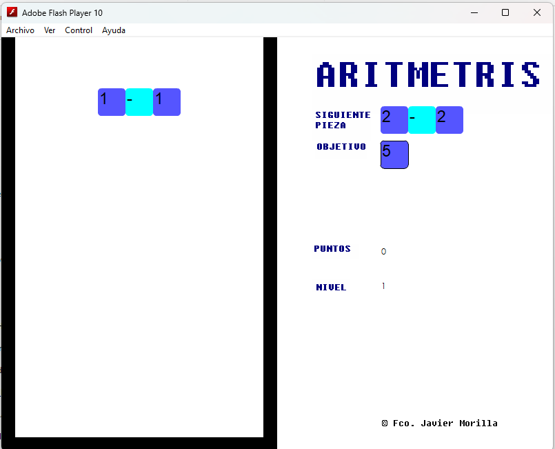 Screenshot of the original Aritmetris Flash prototype.